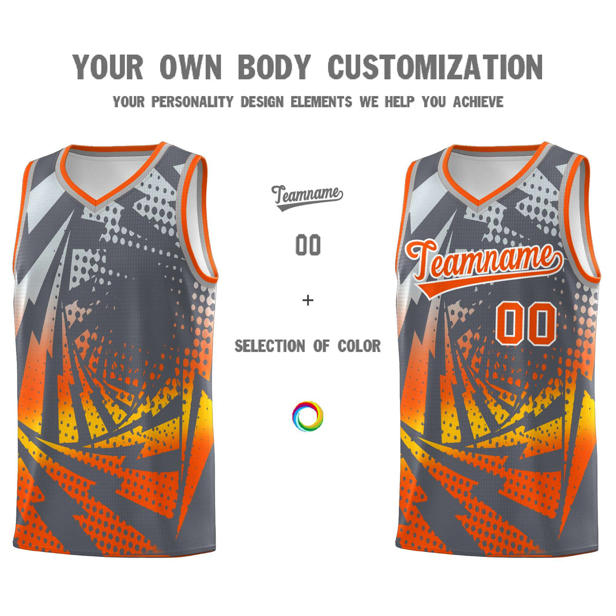 Custom Youth Basketball Jerseys Dark Gray Orange Lightning Design Halftone Personalized Uniforms