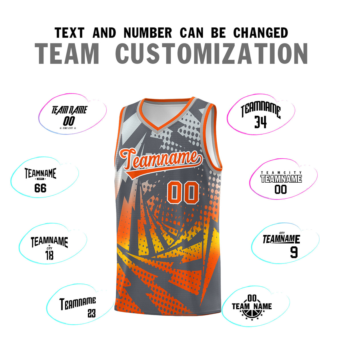 Custom Youth Basketball Jerseys Dark Gray Orange Lightning Design Halftone Personalized Uniforms
