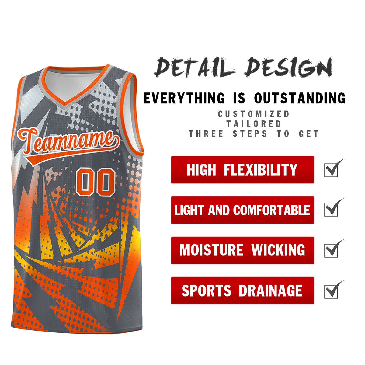 Custom Youth Basketball Jerseys Dark Gray Orange Lightning Design Halftone Personalized Uniforms