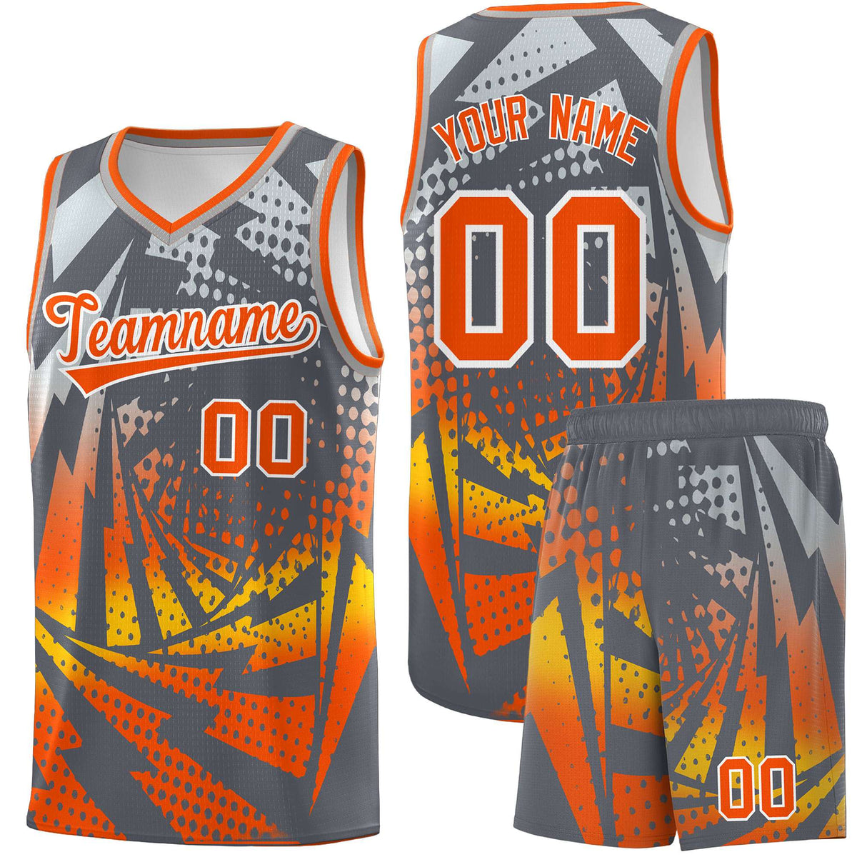 Custom Youth Basketball Jerseys Dark Gray Orange Lightning Design Halftone Personalized Uniforms