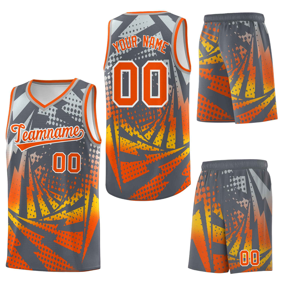 Custom Dark Gray Orange Lightning Halftone Dot Design Quick-Drying Uniform Basketball Jersey