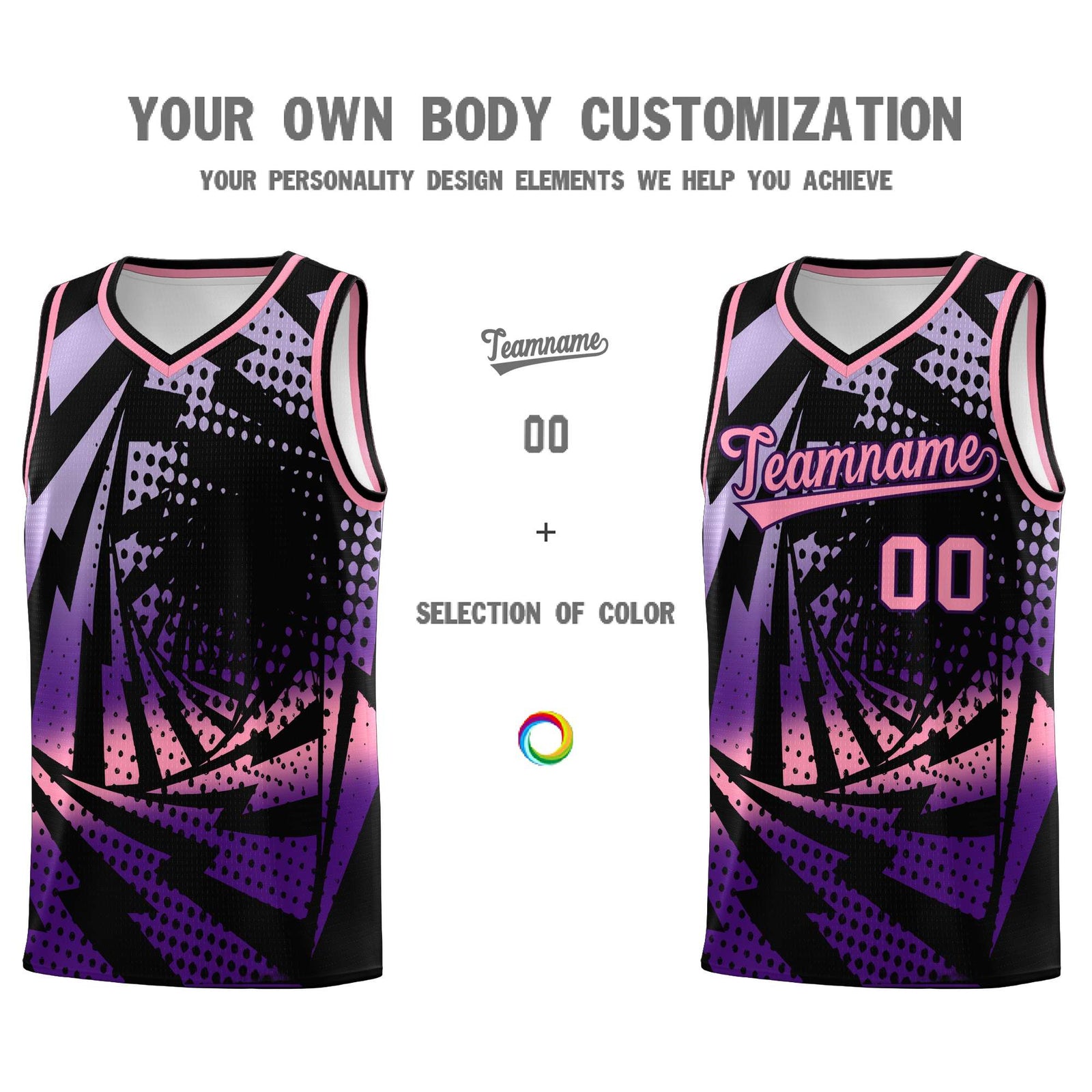 Custom Youth Basketball Jerseys Black Purple Lightning Halftone Personalized Team Uniforms