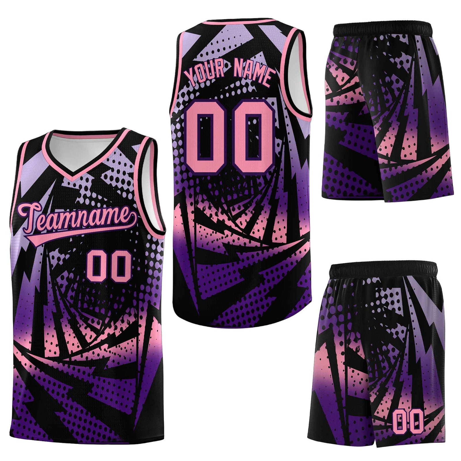 Custom Black Purple Lightning Halftone Dot Design Lightweight Uniform Basketball Jersey