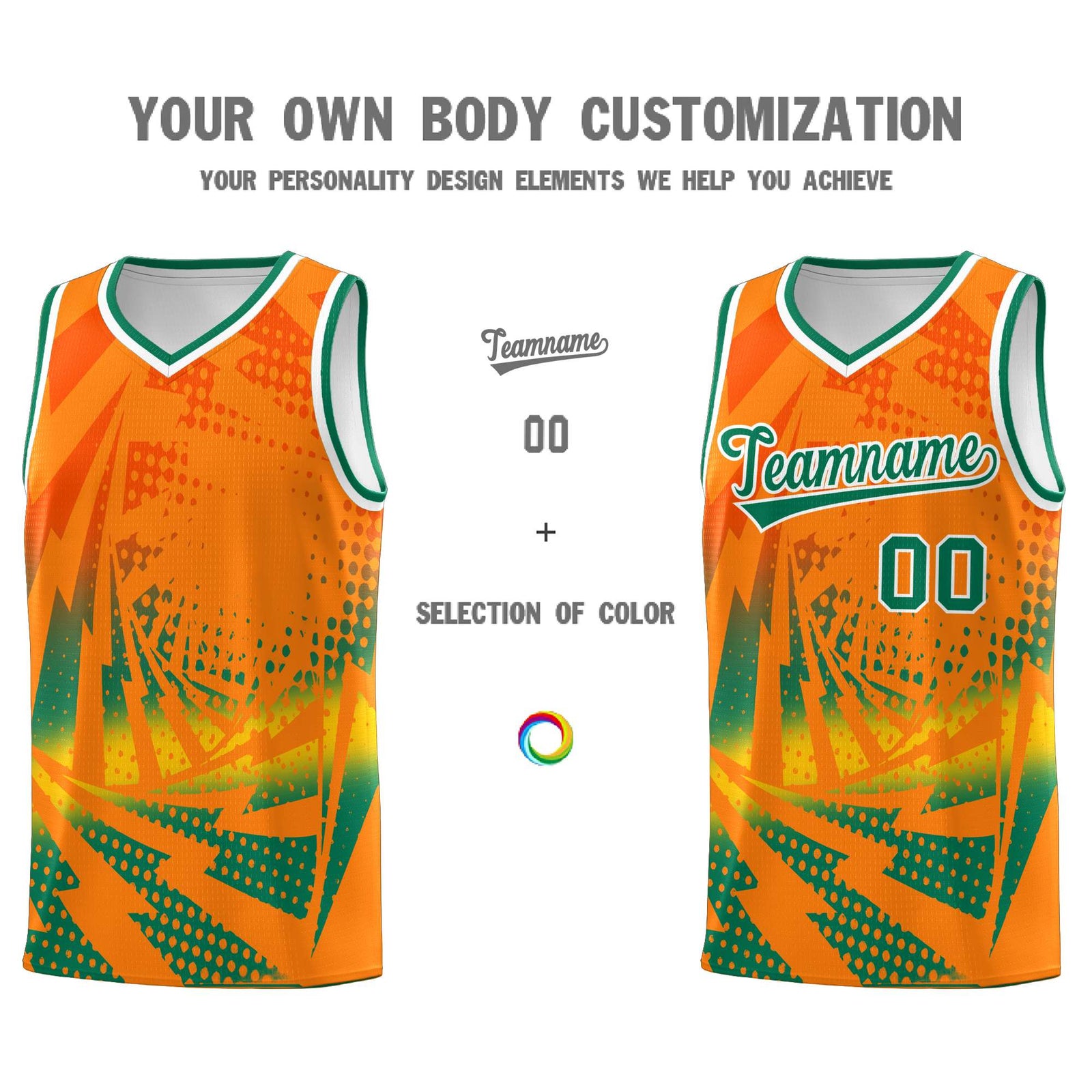 Custom Youth Basketball Jerseys Orange Kelly Green Lightning Design Halftone Personalized Uniforms