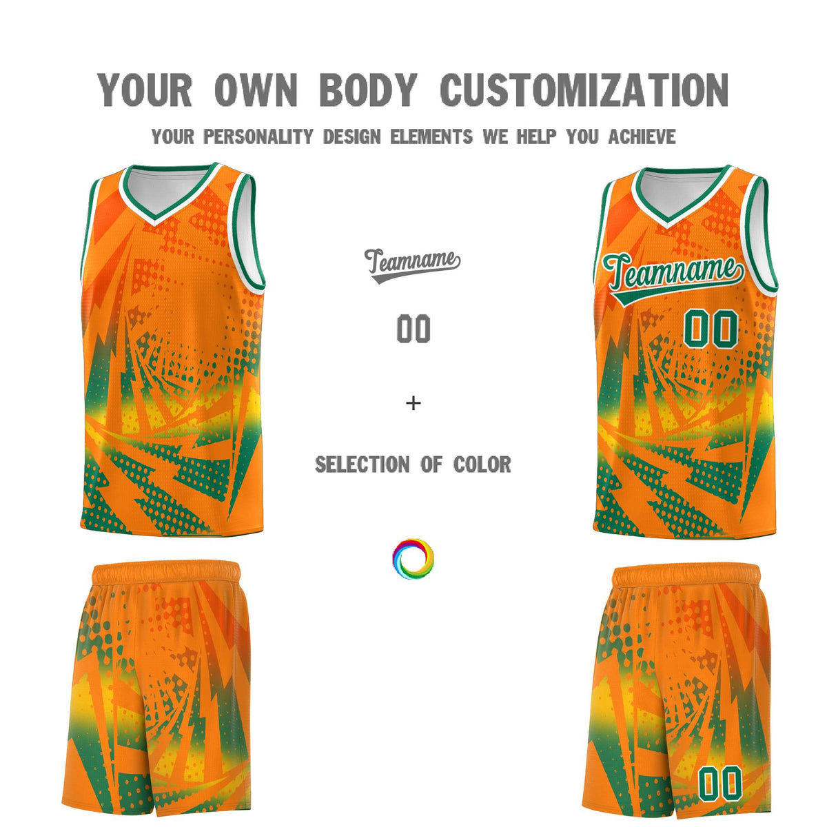 Custom Youth Basketball Jerseys Orange Kelly Green Lightning Design Halftone Personalized Uniforms