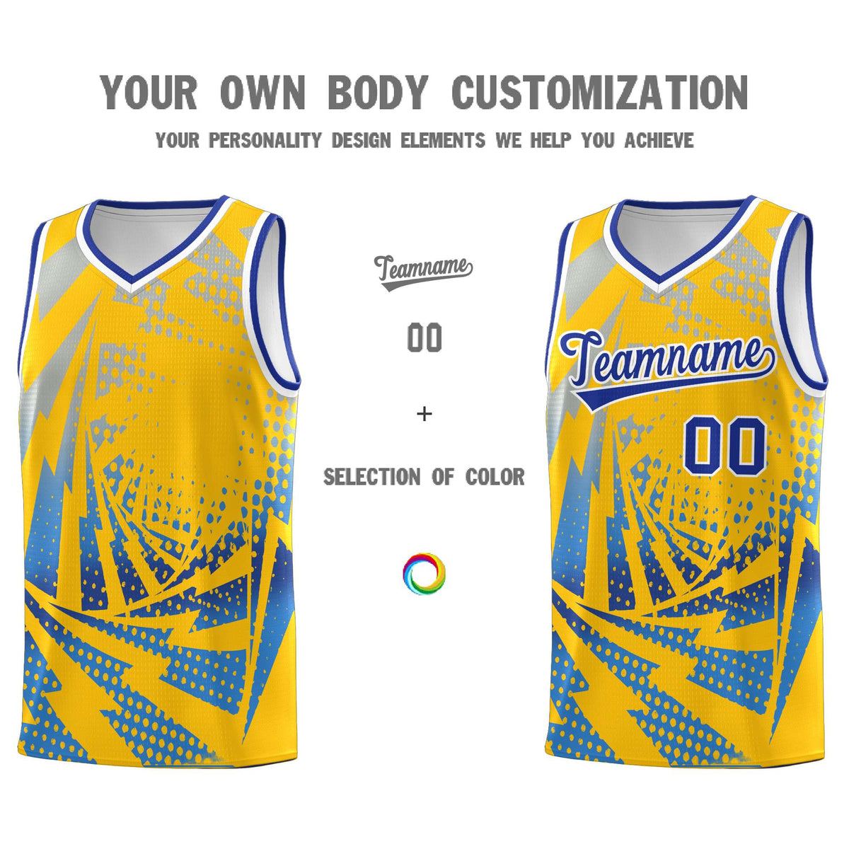 Custom Youth Basketball Jerseys Gold Powder Blue Lightning Halftone Personalized Team Uniforms