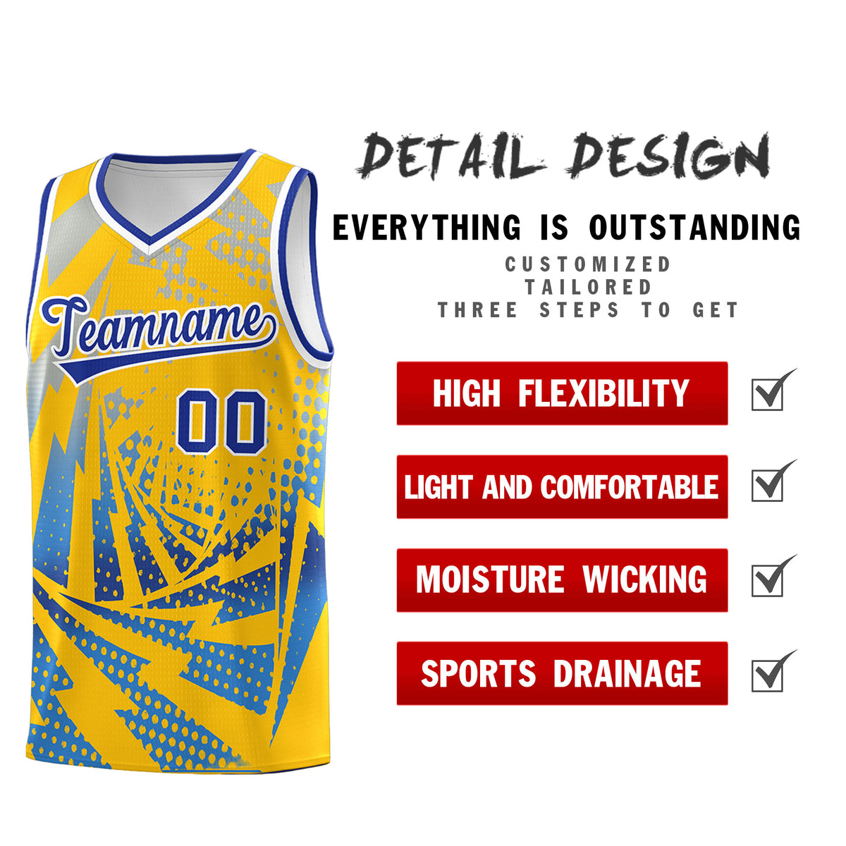 Custom Youth Basketball Jerseys Gold Powder Blue Lightning Halftone Personalized Team Uniforms