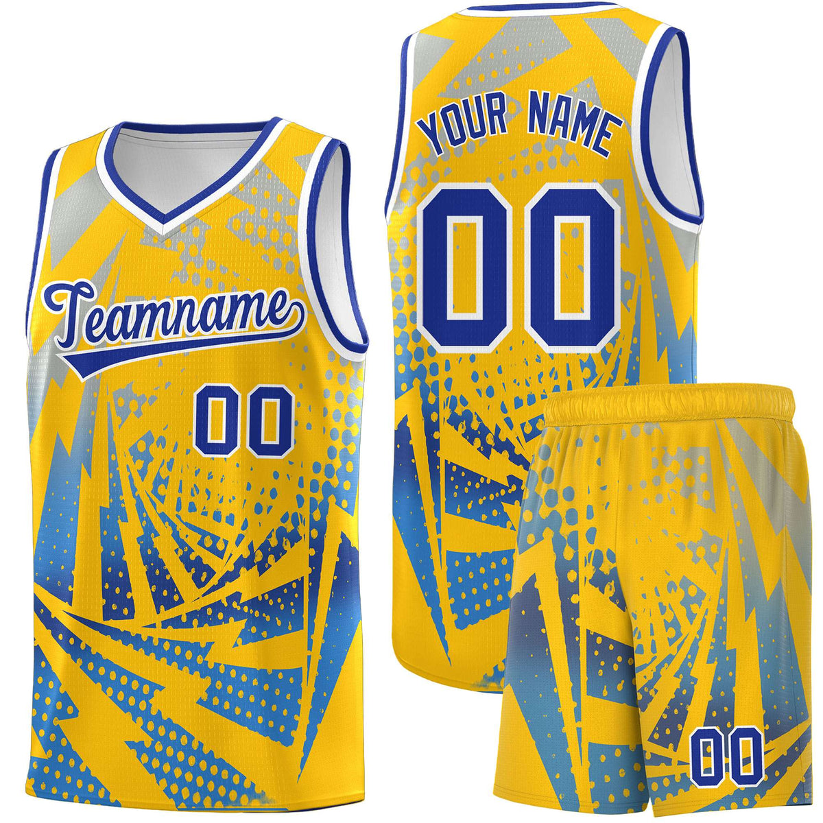 Custom Youth Basketball Jerseys Gold Powder Blue Lightning Halftone Personalized Team Uniforms