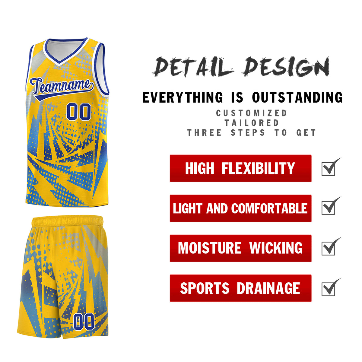 Custom Youth Basketball Jerseys Gold Powder Blue Lightning Halftone Personalized Team Uniforms
