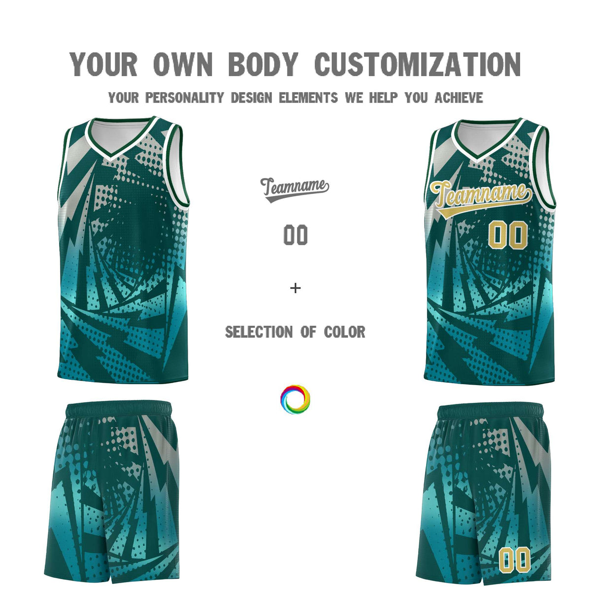 Custom Youth Basketball Jerseys Midnight Green Teal Lightning Halftone Personalized Team Uniforms