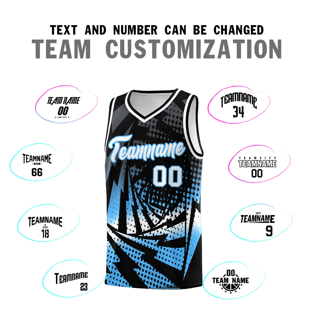 Custom Youth Basketball Jerseys Black Powder Blue Lightning Design Halftone Personalized Uniforms