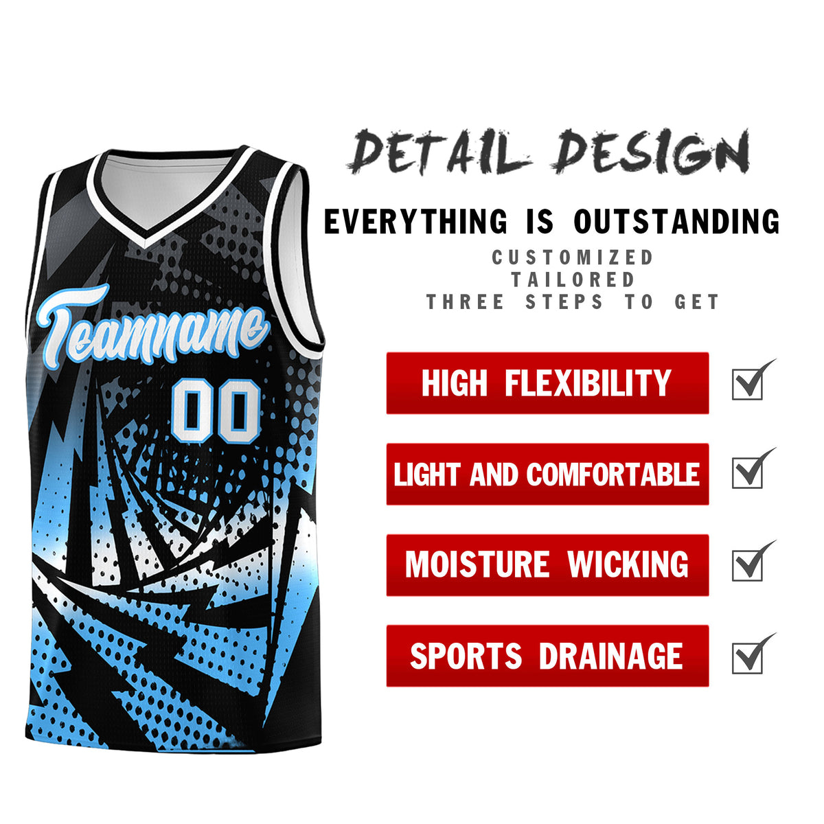 Custom Youth Basketball Jerseys Black Powder Blue Lightning Design Halftone Personalized Uniforms