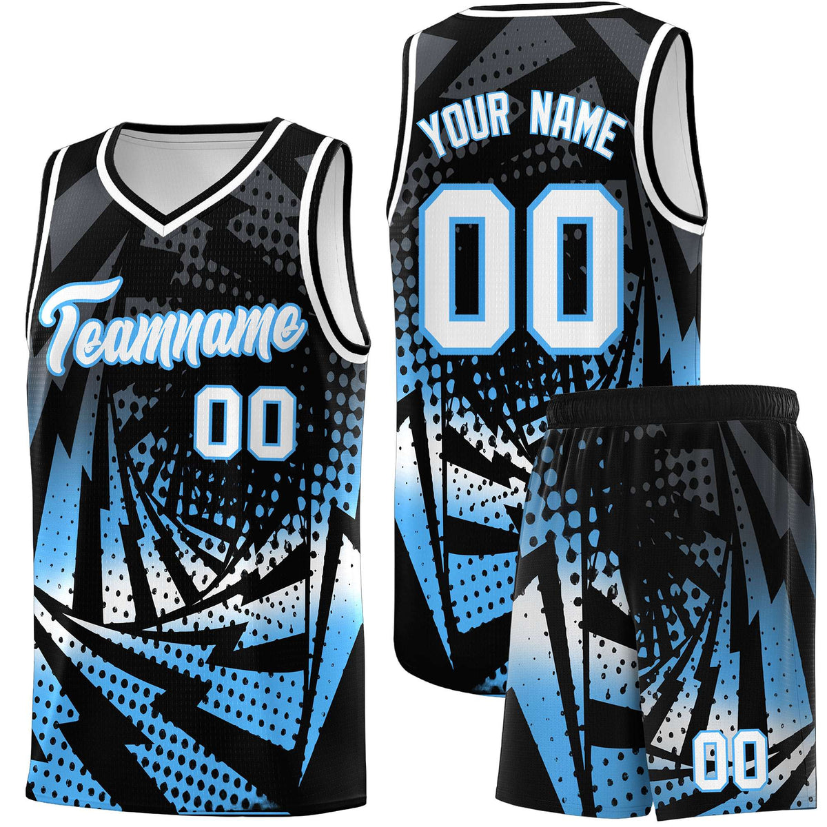Custom Youth Basketball Jerseys Black Powder Blue Lightning Design Halftone Personalized Uniforms