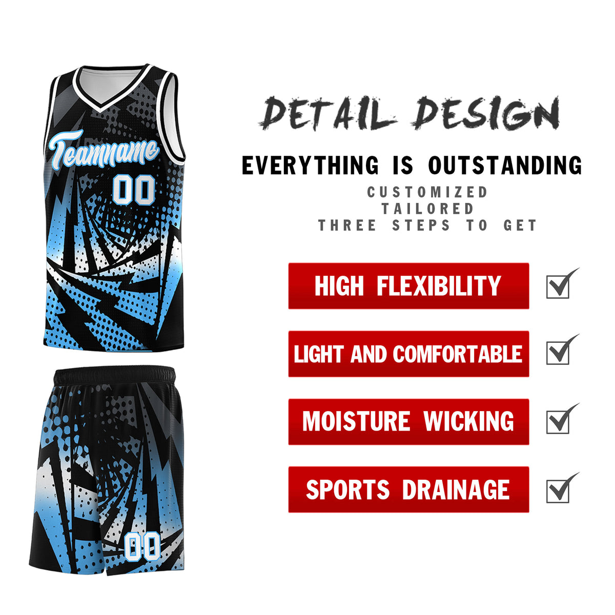 Custom Youth Basketball Jerseys Black Powder Blue Lightning Design Halftone Personalized Uniforms