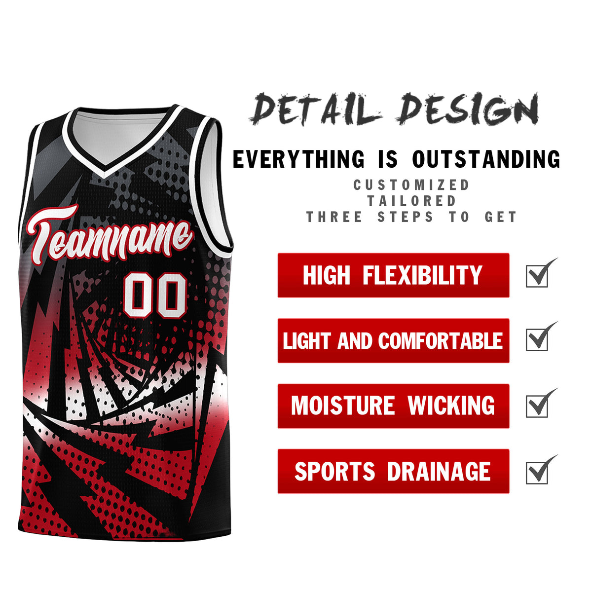 Custom Youth Basketball Jerseys Black Red Lightning Halftone Personalized Team Uniforms