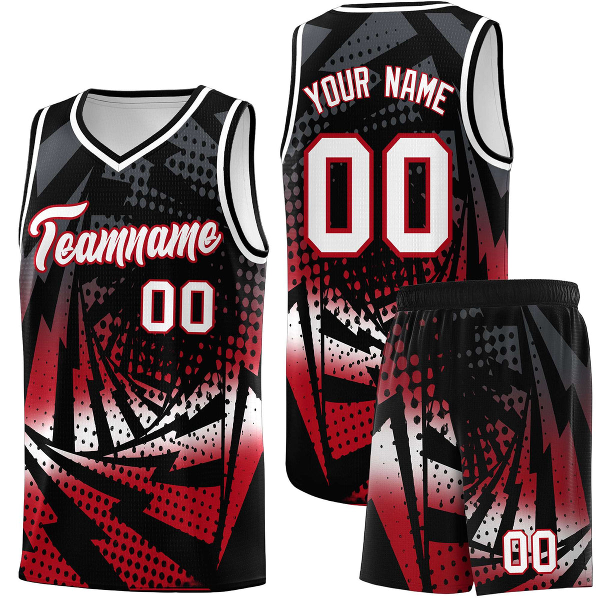 Custom Youth Basketball Jerseys Black Red Lightning Halftone Personalized Team Uniforms