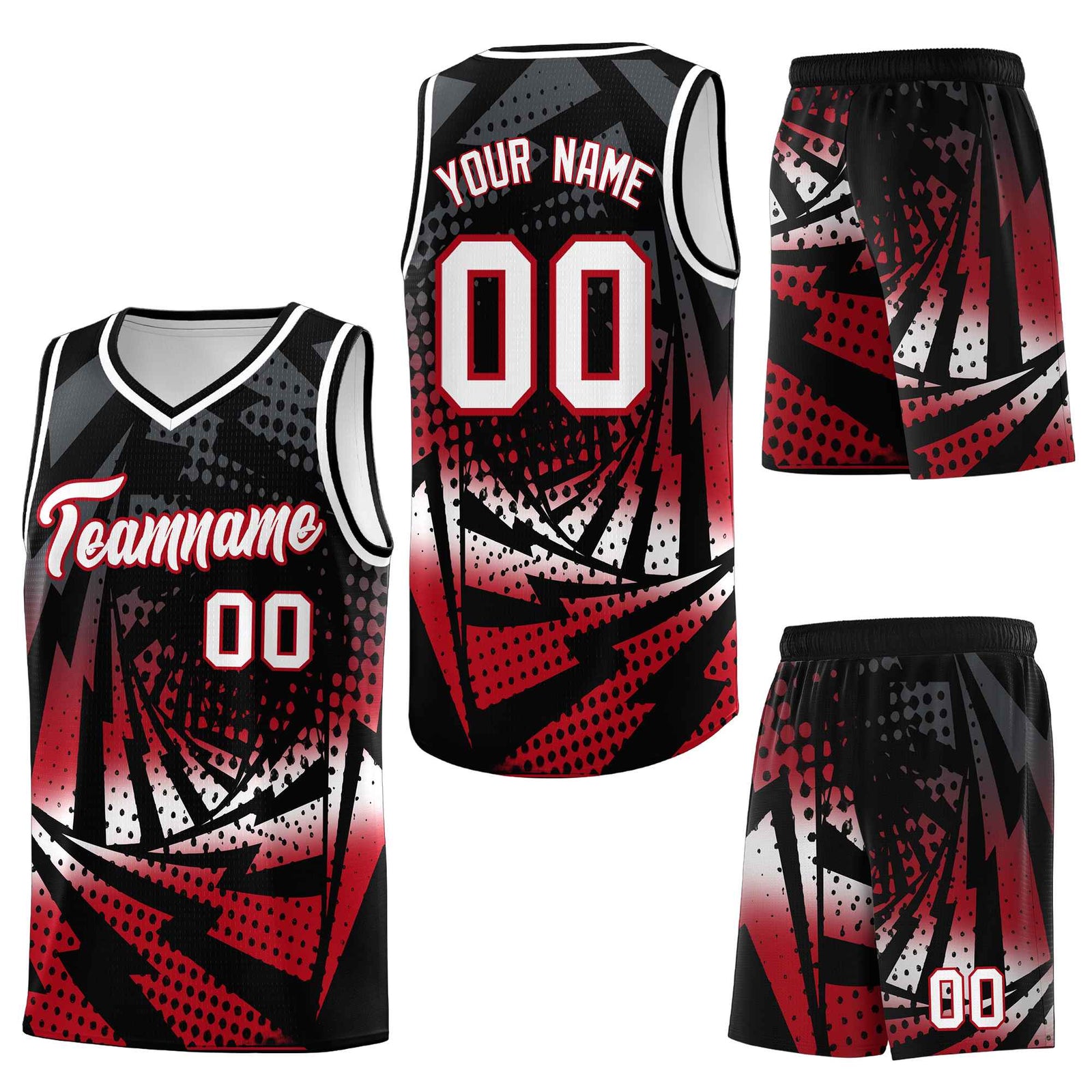 Custom Black Red Lightning Halftone Dot Design Quick-Drying Uniform Basketball Jersey