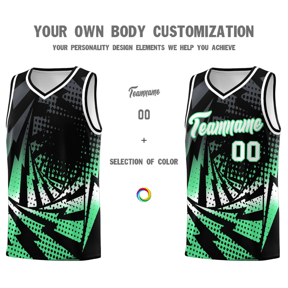 Custom Youth Basketball Jerseys Black Green Lightning Design Halftone Personalized Uniforms