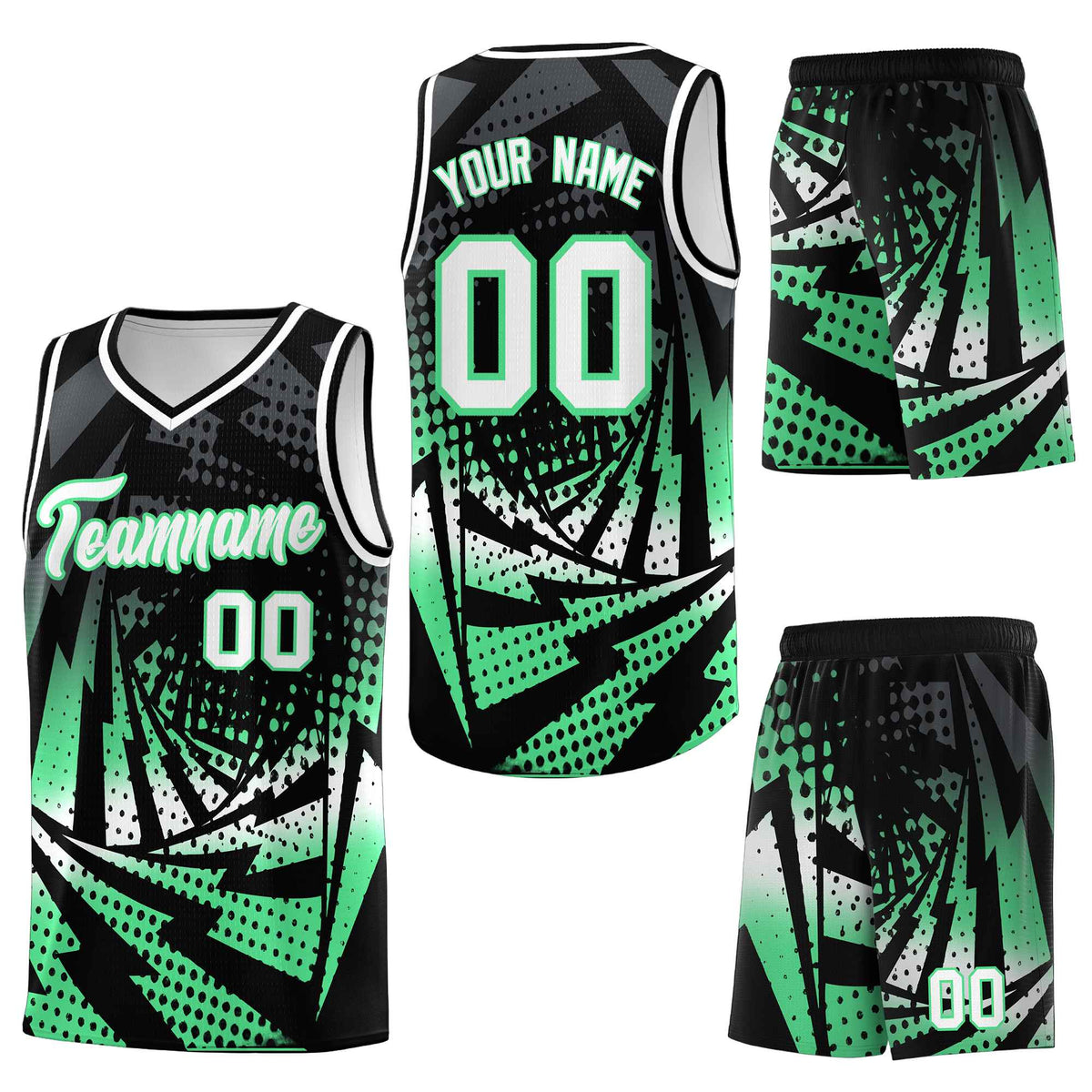 Custom Black Green Lightning Halftone Dot Design Lightweight Uniform Basketball Jersey