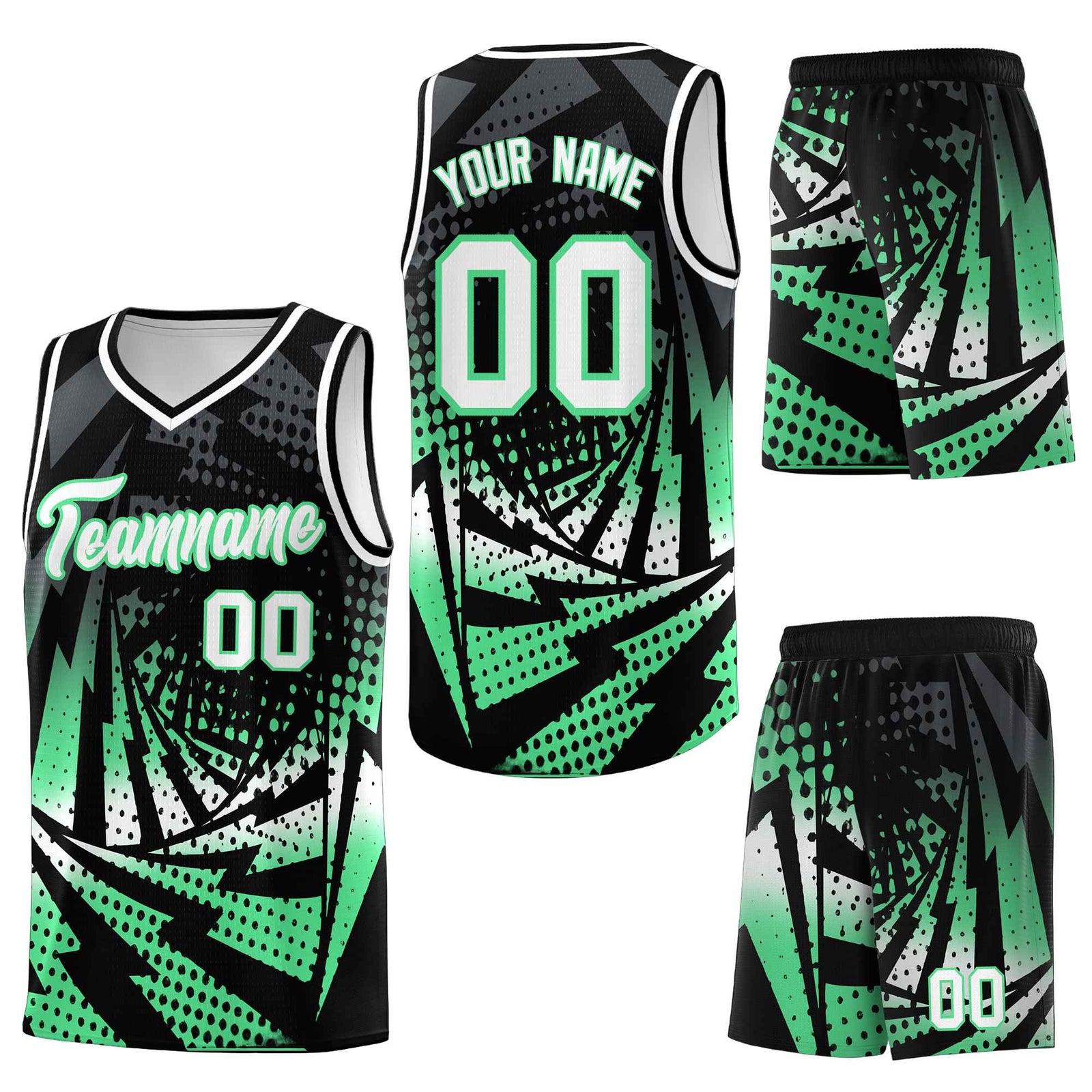 Custom Black Green Lightning Halftone Dot Design Lightweight Uniform Basketball Jersey