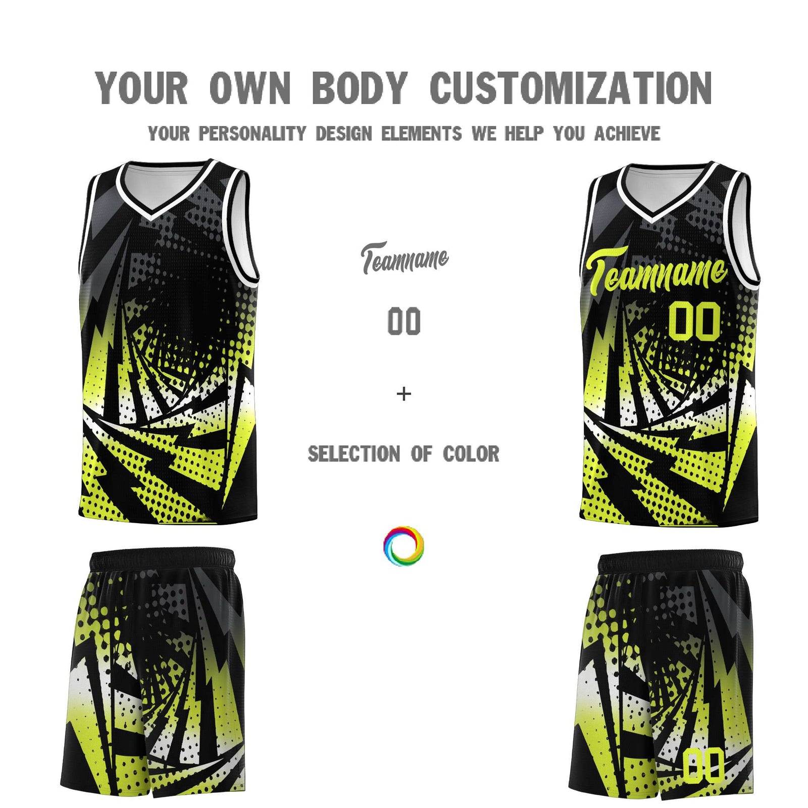 Custom Youth Basketball Jerseys Black Fluorescent Green Lightning Halftone Personalized Team Uniforms