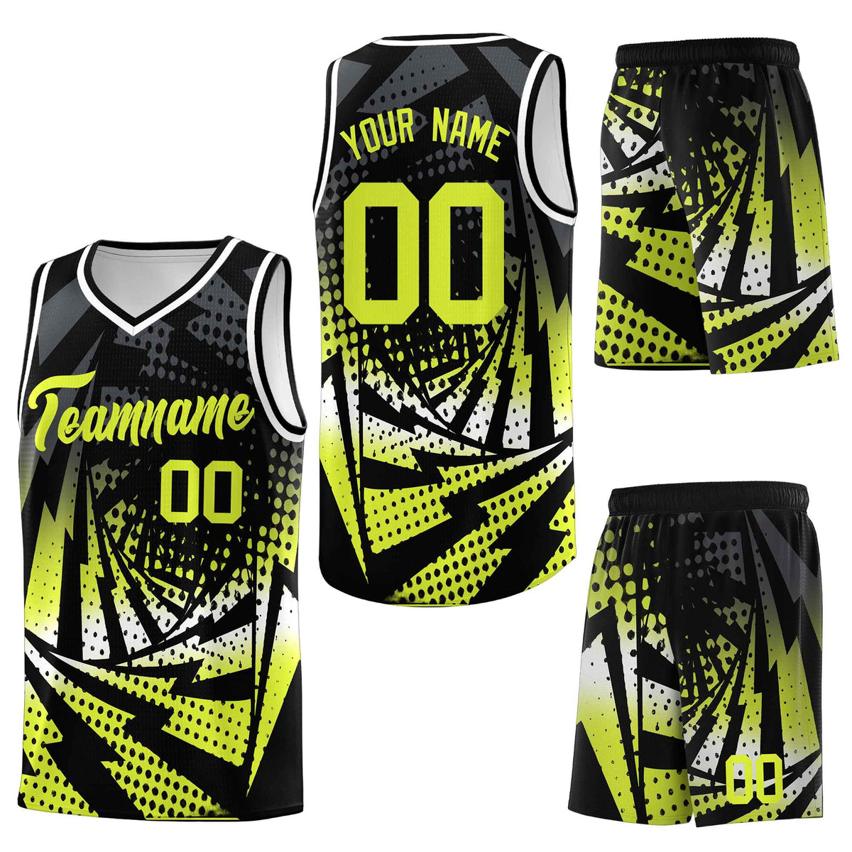 Custom Black Fluorescent Green Lightning Halftone Dot Design Wrinkle-Resistant Uniform Basketball Jersey