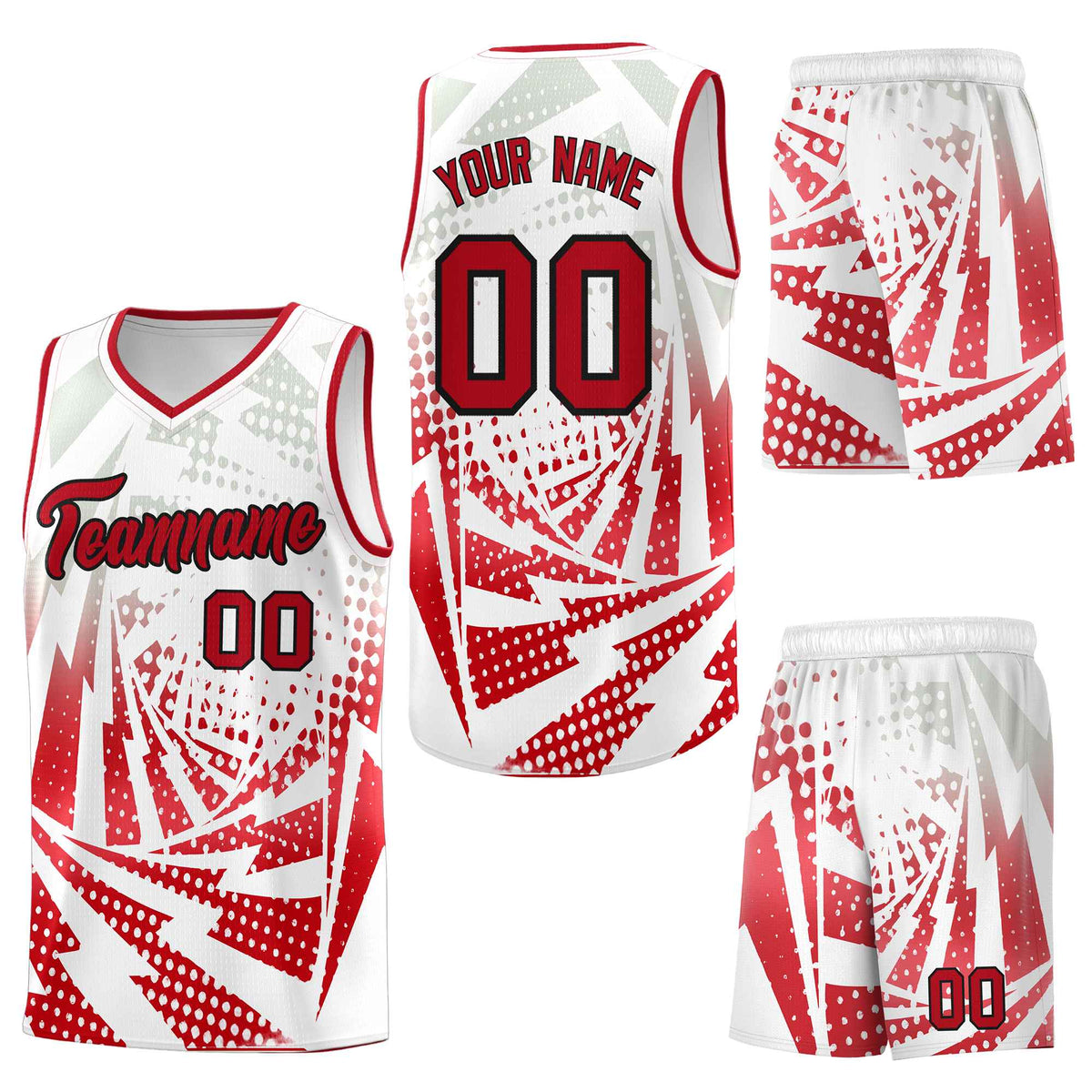 Custom White Red Lightning Halftone Dot Design Breathable Uniform Basketball Jersey