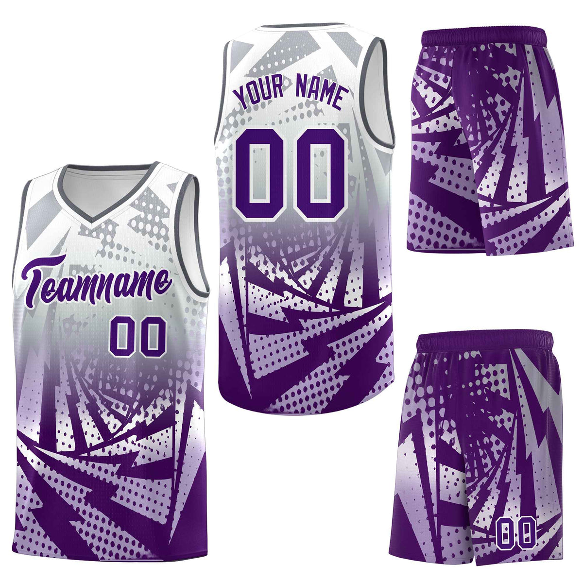 Custom Silver Gray Purple Lightning Halftone Dot Design Quick-Drying Uniform Basketball Jersey