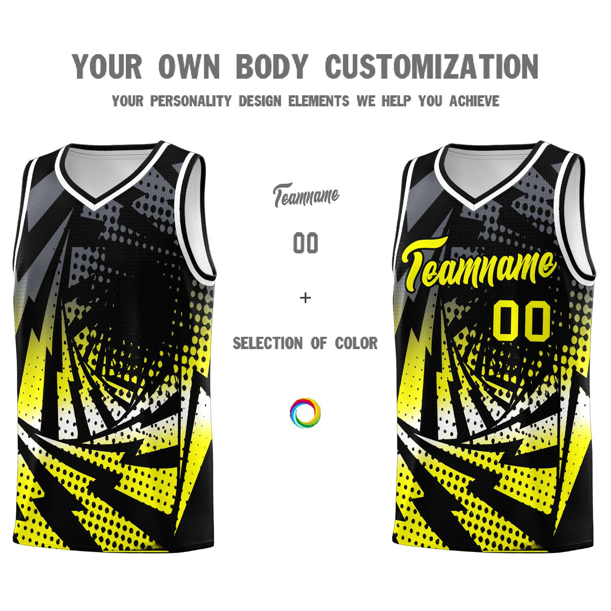 Custom Youth Basketball Jerseys Black Fluorescent Yellow Lightning Design Halftone Personalized Uniforms