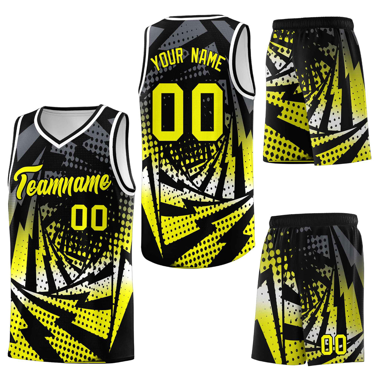 Custom Black Fluorescent Yellow Lightning Halftone Dot Design Breathable Uniform Basketball Jersey