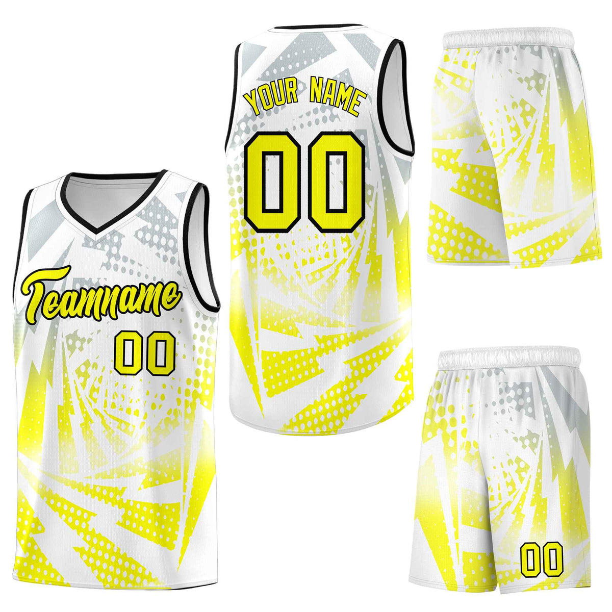 Custom White Fluorescent Yellow Lightning Halftone Dot Design Quick-Drying Uniform Basketball Jersey