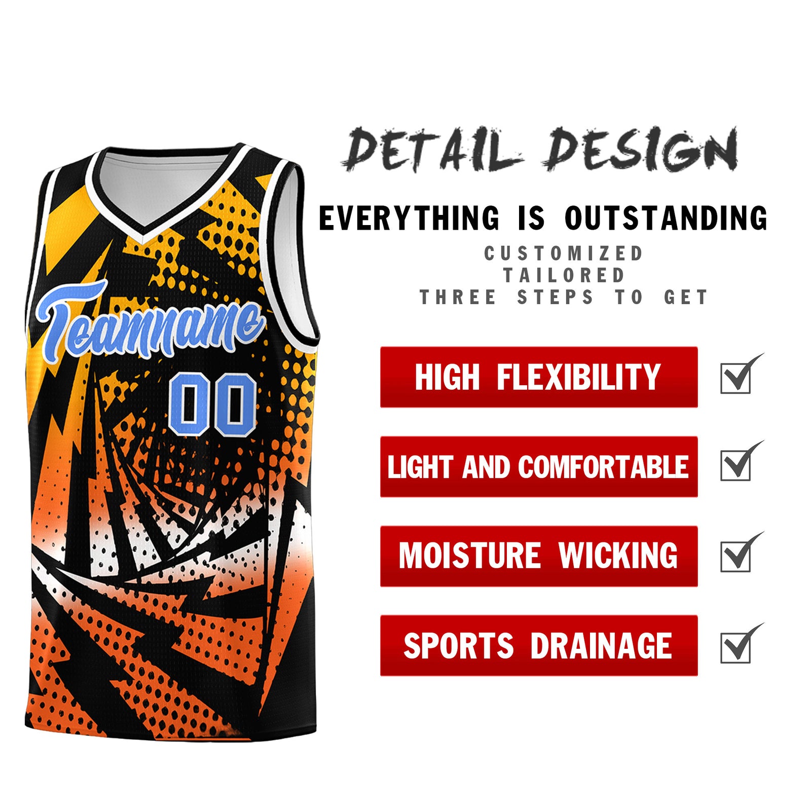 Custom Youth Basketball Jerseys Black Orange Lightning Design Halftone Personalized Uniforms