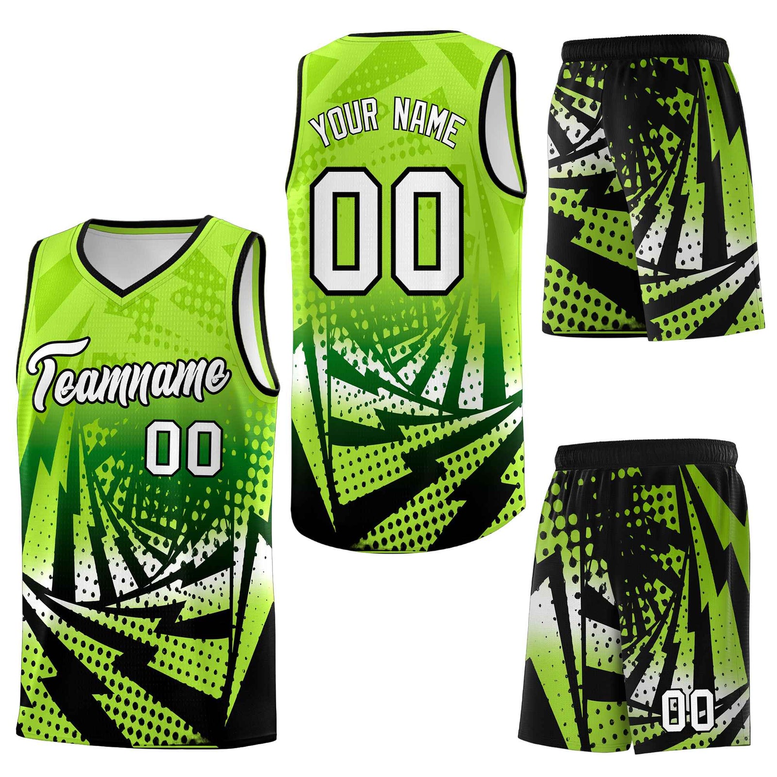 Custom Neon Green Black Lightning Halftone Dot Design Lightweight Uniform Basketball Jersey