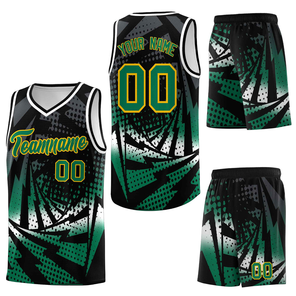 Custom Black Kelly Green Lightning Halftone Dot Design Breathable Uniform Basketball Jersey