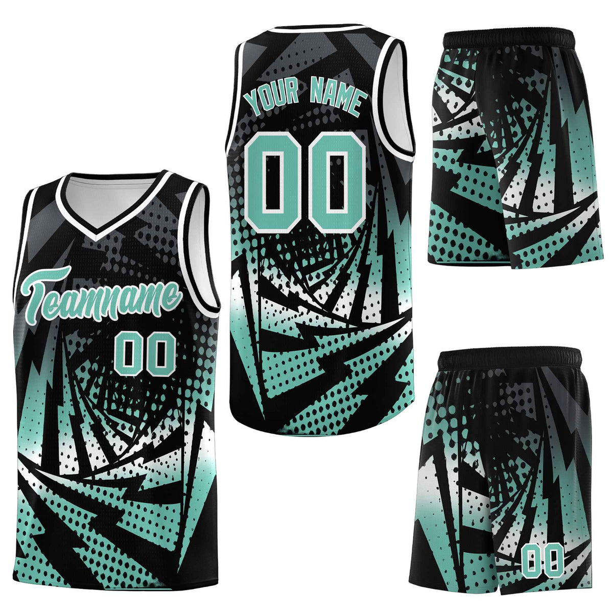 Custom Black Bright Green Lightning Halftone Dot Design Quick-Drying Uniform Basketball Jersey
