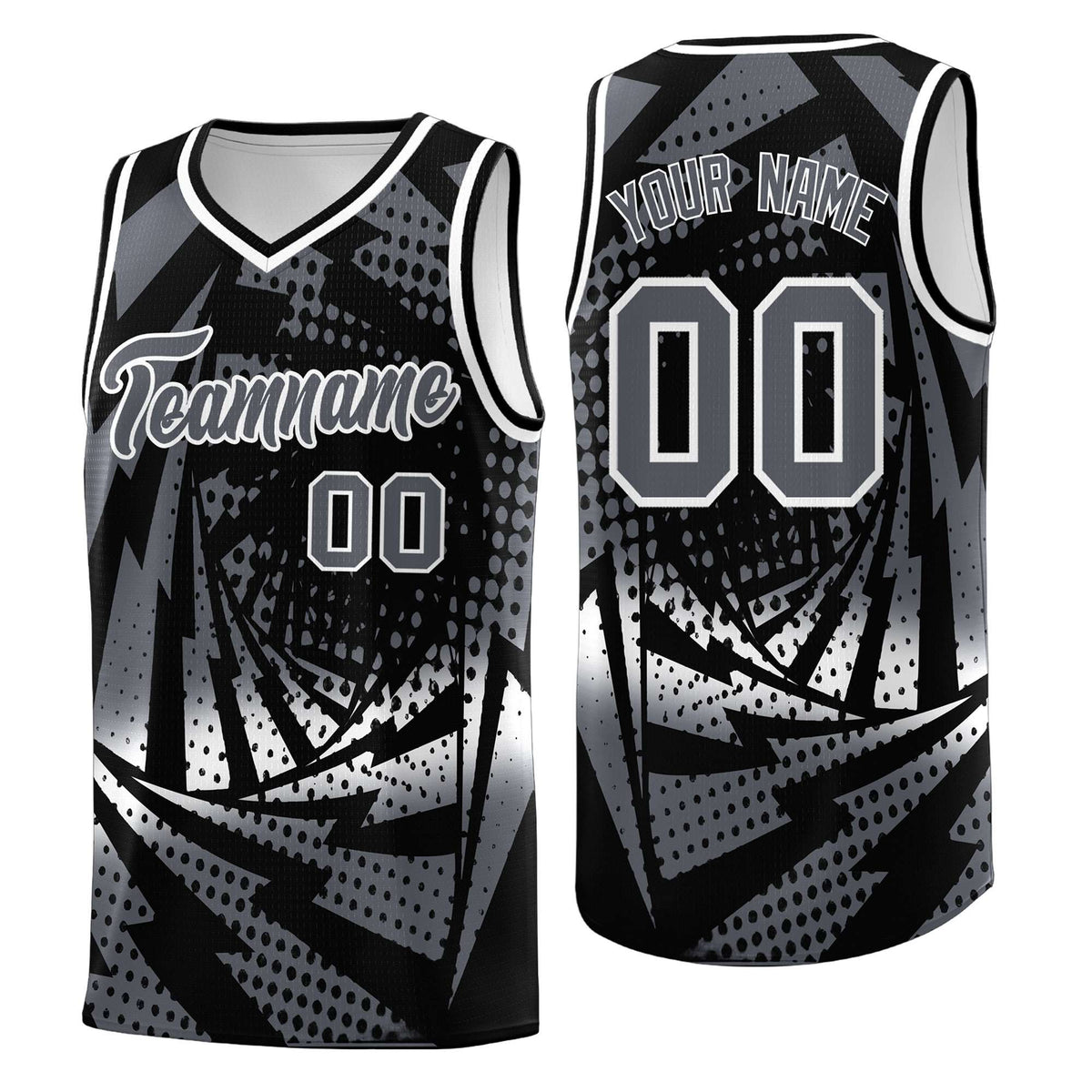 Custom Youth Basketball Jerseys Black Dark Gray Lightning Design Halftone Personalized Uniforms