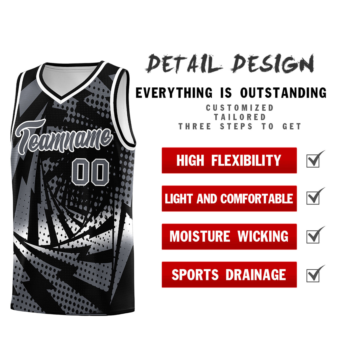 Custom Youth Basketball Jerseys Black Dark Gray Lightning Design Halftone Personalized Uniforms