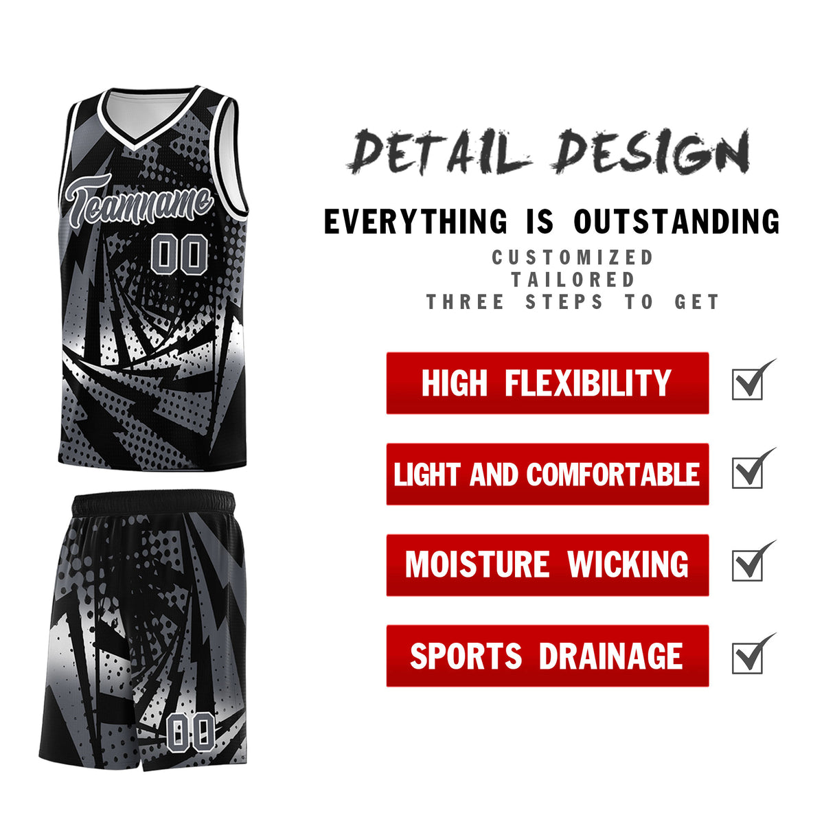 Custom Youth Basketball Jerseys Black Dark Gray Lightning Design Halftone Personalized Uniforms