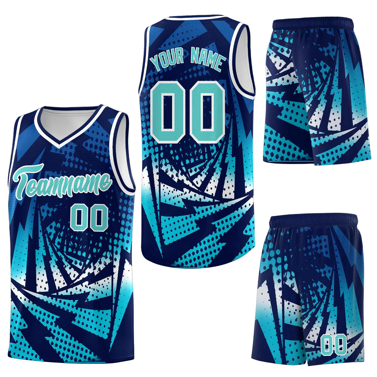 Custom Navy Sky Blue Lightning Halftone Dot Design Wrinkle-Resistant Uniform Basketball Jersey