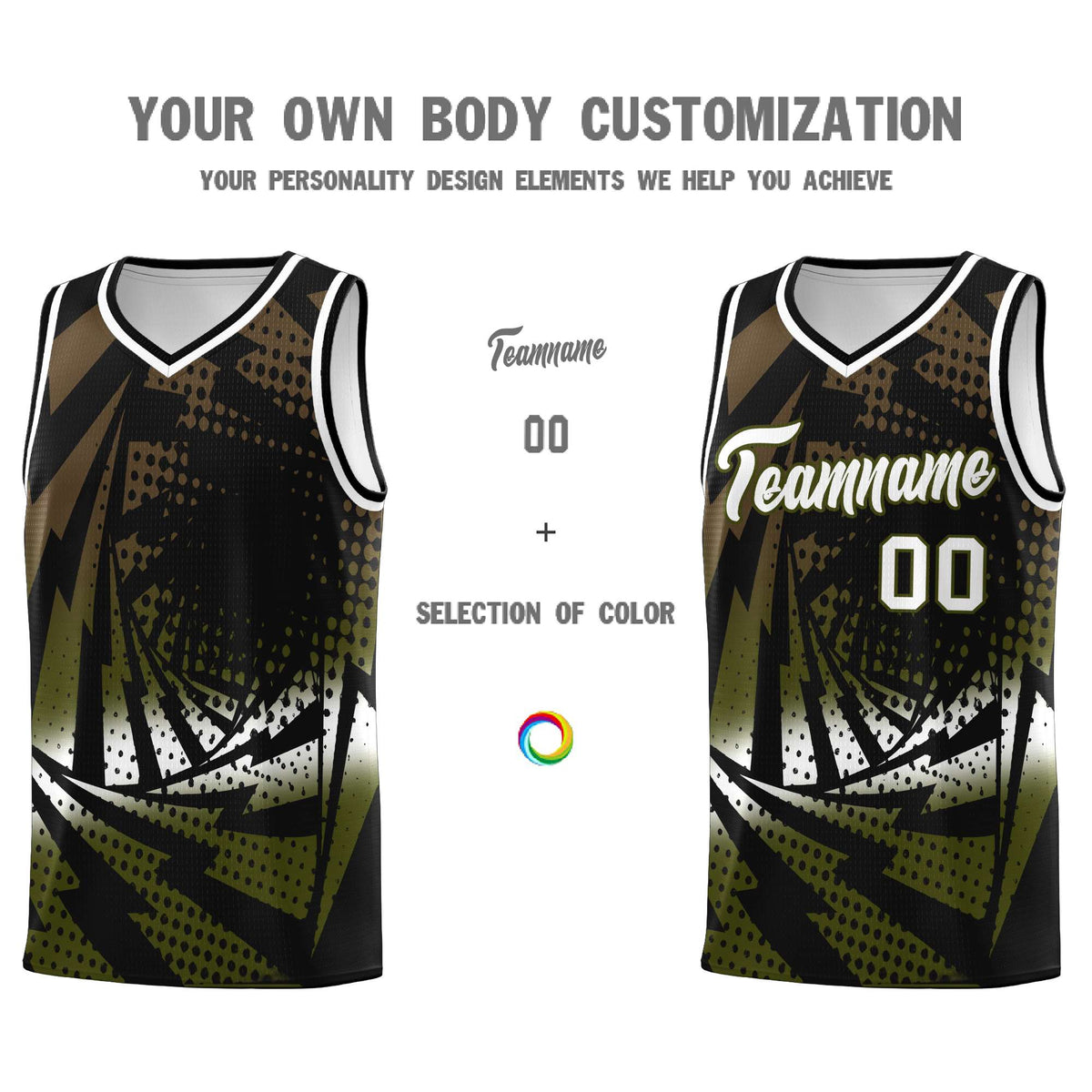Custom Youth Basketball Jerseys Black Olive Lightning Design Halftone Personalized Uniforms