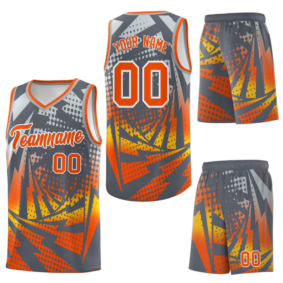 Custom Dark Gray Orange Lightning Halftone Dot Design Quick-Drying Uniform Basketball Jersey
