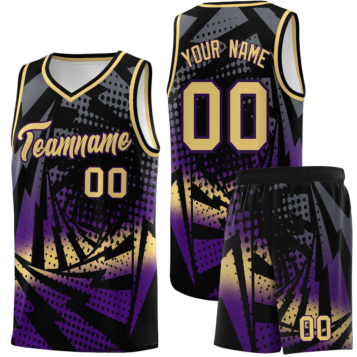Custom Youth Basketball Jerseys Black Purple Lightning Design Halftone Personalized Uniforms