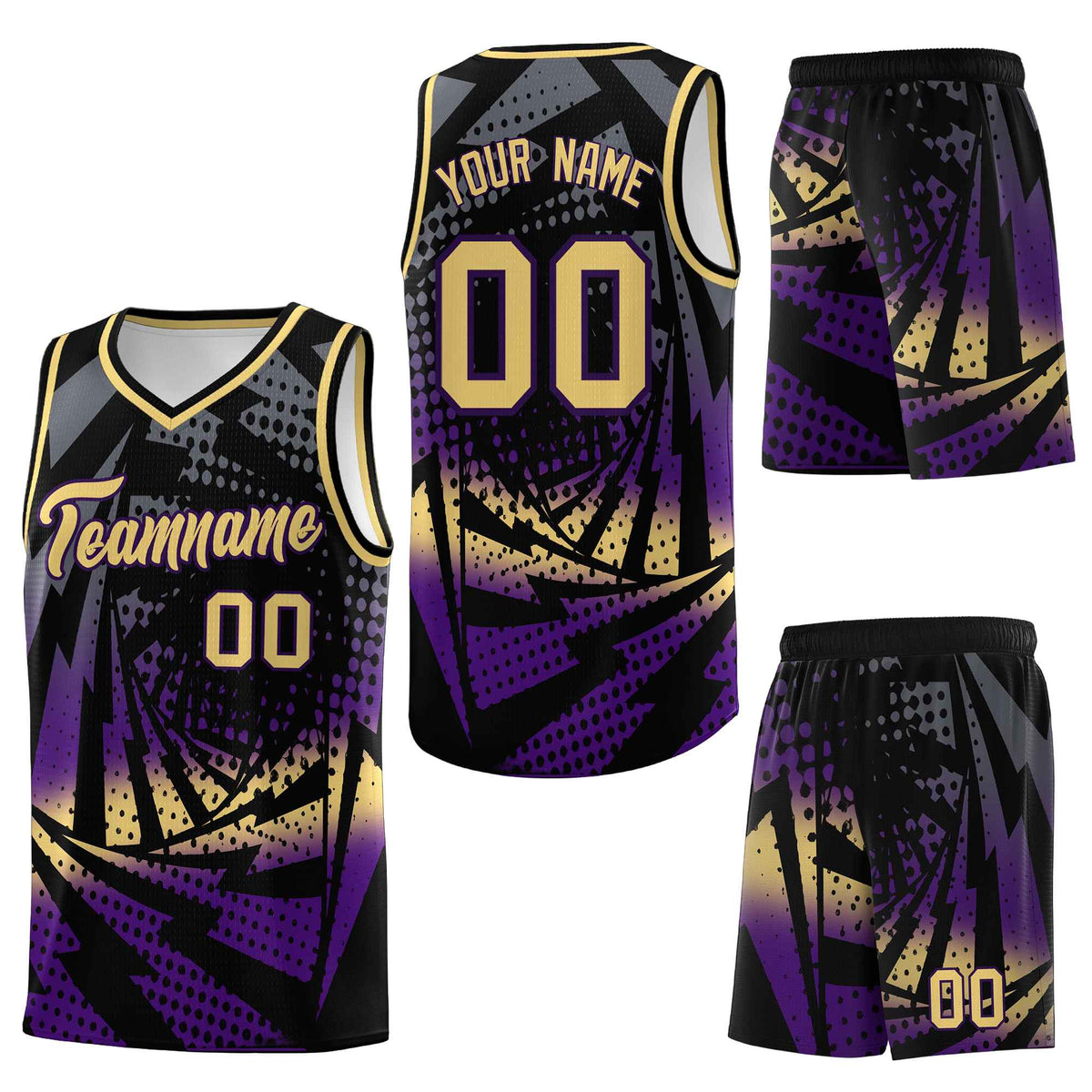 Custom Black Purple Lightning Halftone Dot Design Wrinkle-Resistant Uniform Basketball Jersey