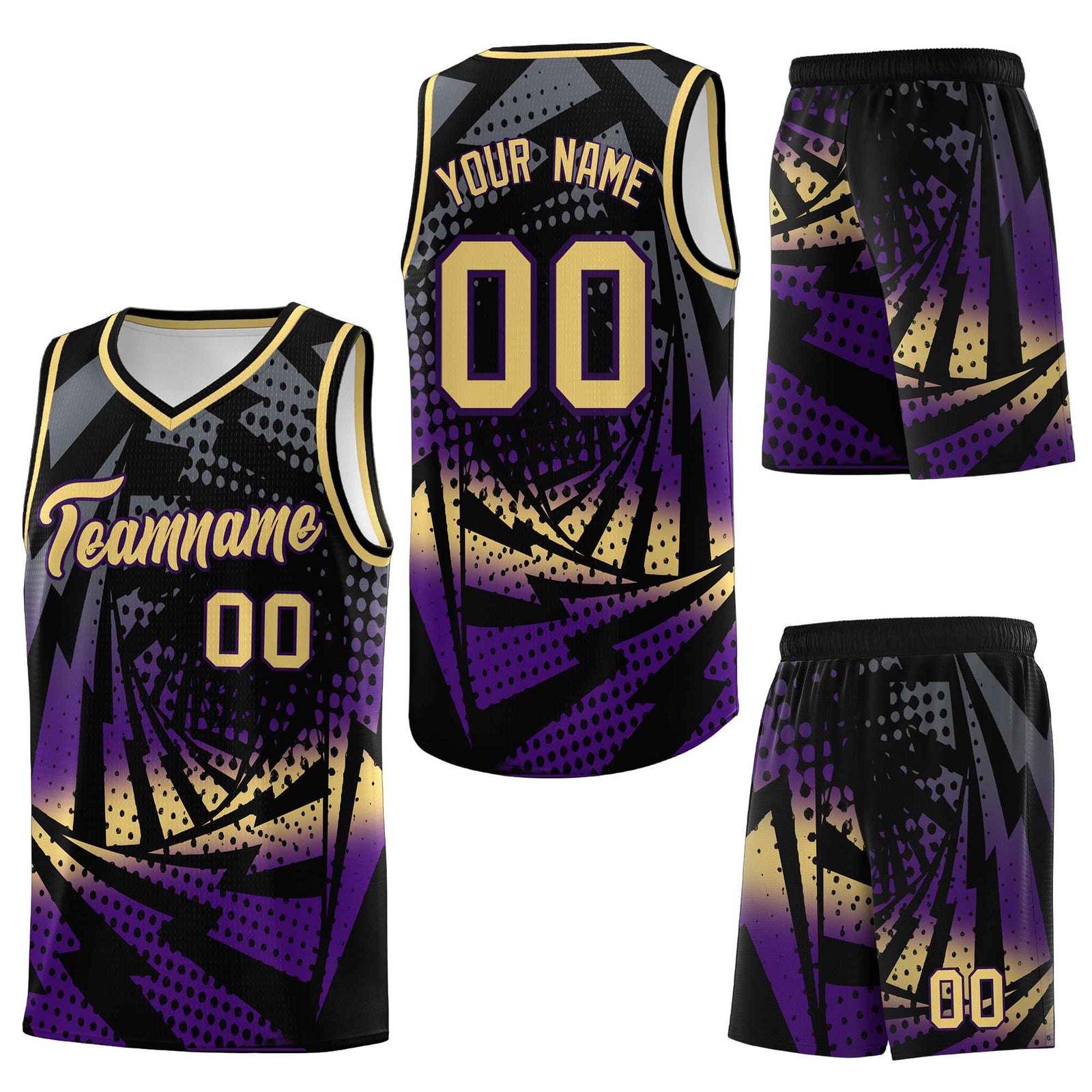 Custom Black Purple Lightning Halftone Dot Design Wrinkle-Resistant Uniform Basketball Jersey