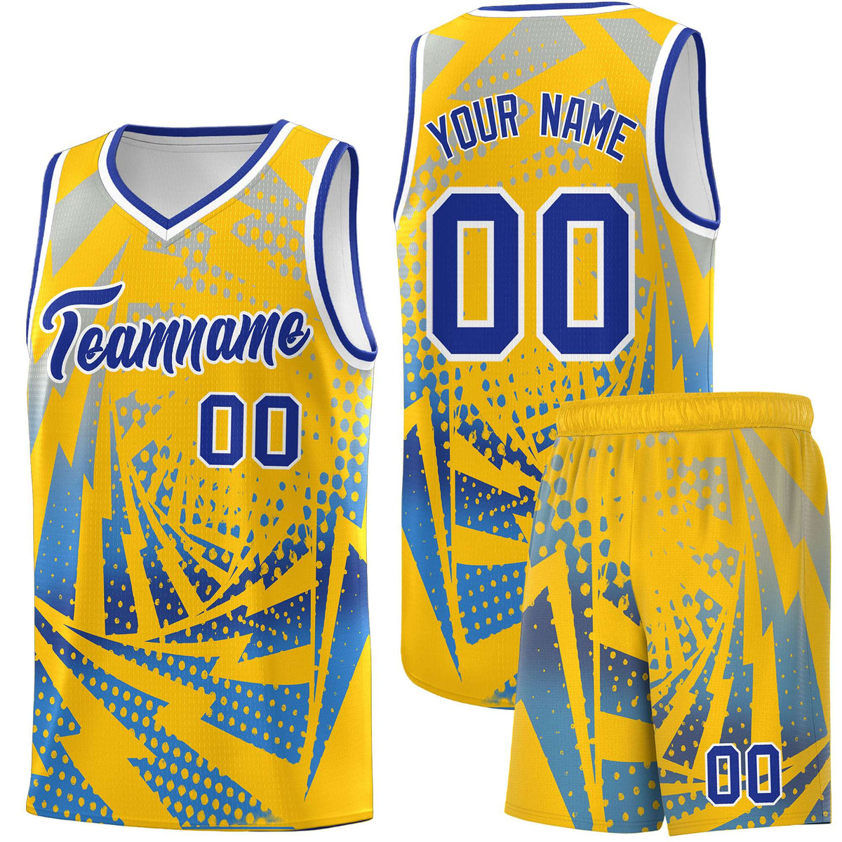 Custom Youth Basketball Jerseys Gold Powder Blue Lightning Halftone Personalized Team Uniforms