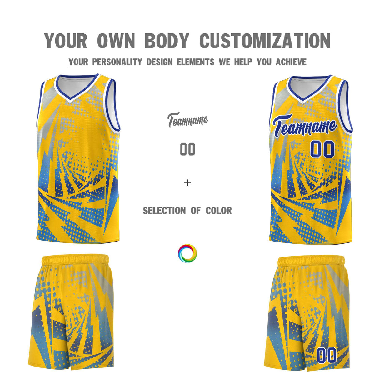 Custom Youth Basketball Jerseys Gold Powder Blue Lightning Halftone Personalized Team Uniforms