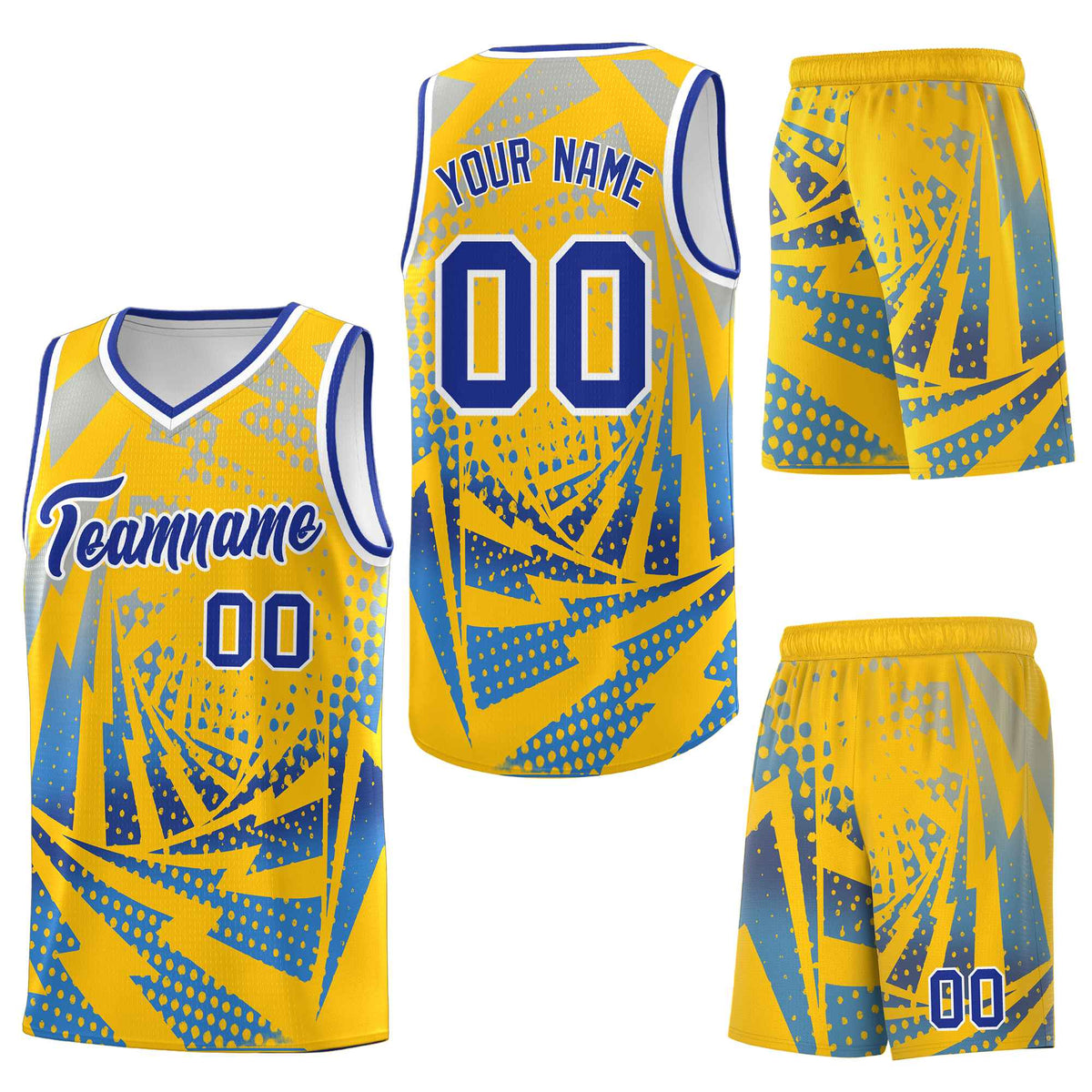 Custom Gold Powder Blue Lightning Halftone Dot Design Quick-Drying Uniform Basketball Jersey