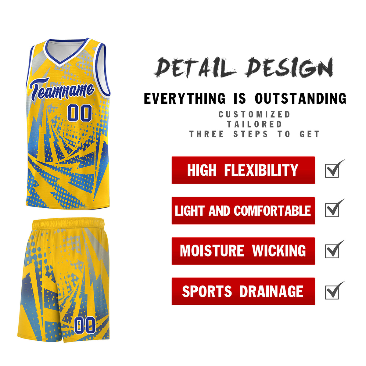 Custom Youth Basketball Jerseys Gold Powder Blue Lightning Halftone Personalized Team Uniforms