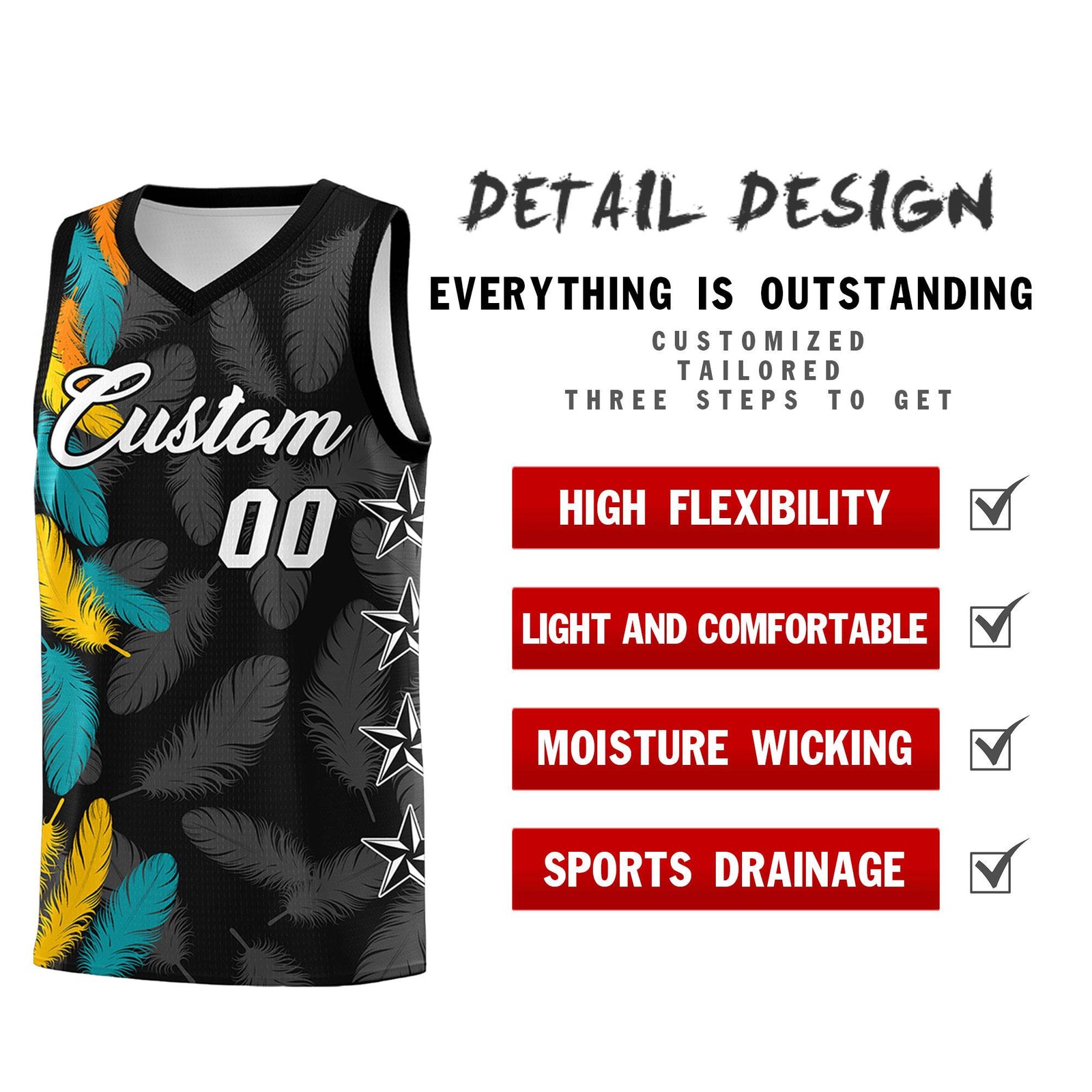 Custom Youth Basketball Jersey Black White Feather Series Sports Uniform