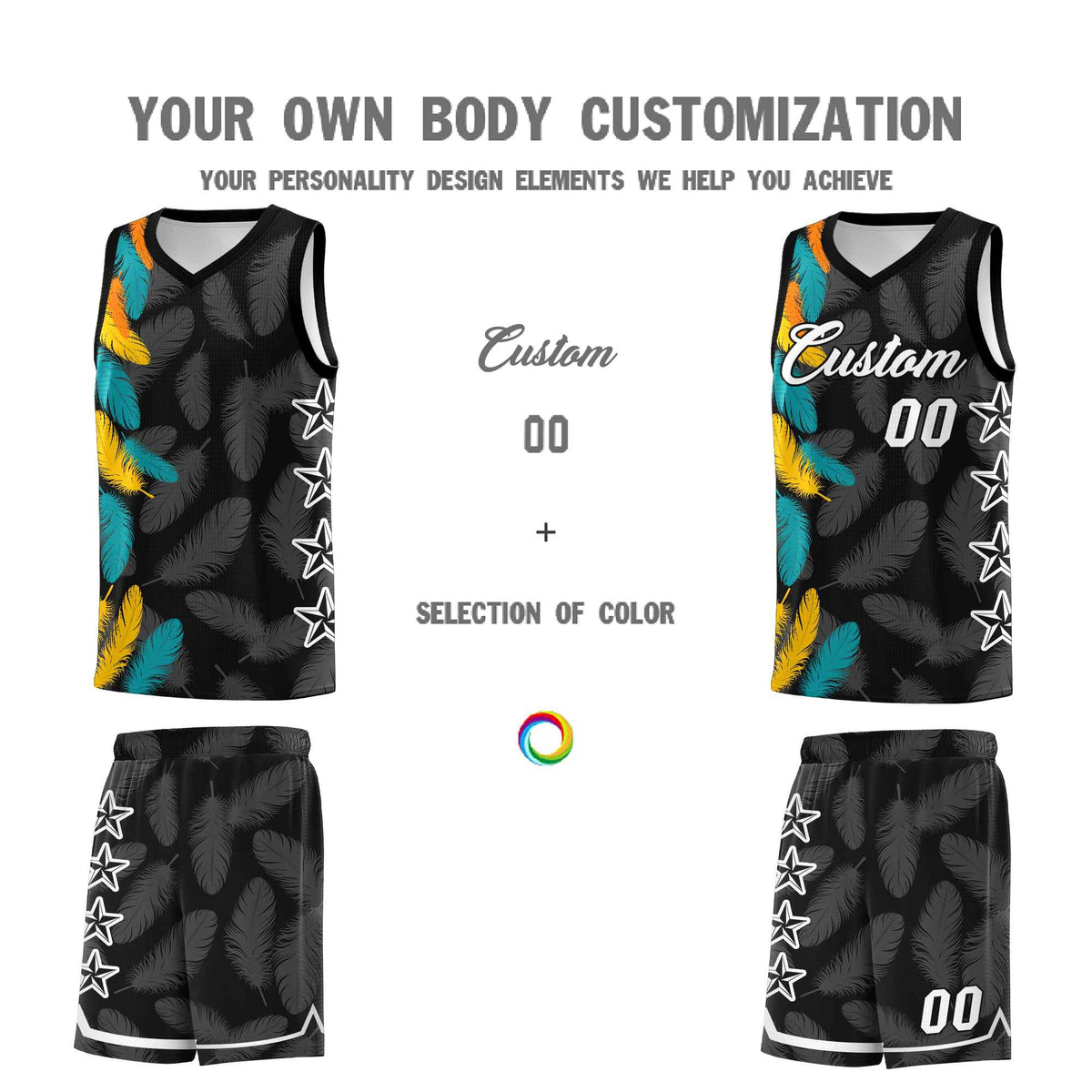 Custom Youth Basketball Jersey Black White Feather Series Sports Uniform